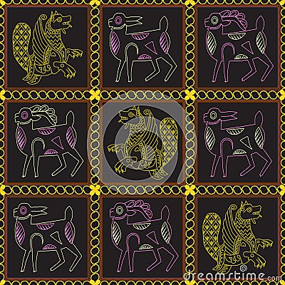 Vintage symbols of fairytale animals in dark squares Vector Illustration